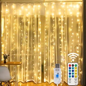 HOME LIGHTING Window Curtain String Lights, 300 LED 8 Lighting Modes Fairy Copper Light with Remote, USB Powered for Christmas Party Wedding Home Decorations (Warm White)