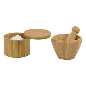 Home Basics Bamboo Swiveling Salt Box With Mortar & Pestle Bundle | Natural Bamboo Finish | Kitchen Products | Eco-Friendly | Magnetic Latch