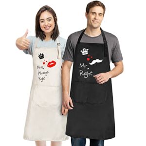 Mr. Right & Mrs. Always Right – Couple Aprons Funny Apron for Sweet Couple with 2 Pockets Adjustable Neck Strap Perfect for Newly Married Couple and Valentine’s Day