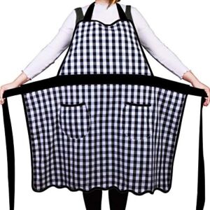 Love Potato 100% Cotton Vintage Gingham Kitchen Apron with Two Pockets, Small to Plus Size Ladies, Great Gift for Wife or Ladies, Black