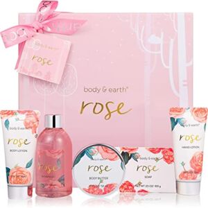 Bath Spa Gift Baskets for Women – Bath Sets for Women Gift Luxurious 5 Piece Rose Scented Spa Gift set with Shower Gel, Body Butter, Hand Cream, Body Lotion, Gifts for Women,Valentine’s Day Gifts