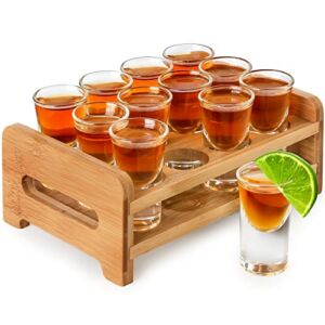 Gift Set-Shot Glasses and Holder Mini Shot Glasses Set 0.5oz/15ml Set of 12 Shot Glass Stand Tray Thick Base Clear Glass for Party Club Bar Home Restaurant Kitchen Barware Glassware Drinking Tool