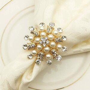 Joyindecor Napkin Rings Set of 6-Flower Pearl Rhinestone Napkin Ring Holder for Wedding Party Home Kitchen Dining Table Linen Accessories (Golden)