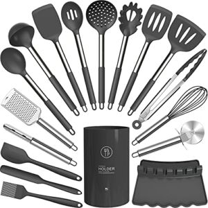 Silicone Cooking Utensils Set – Heat Resistant Kitchen Utensils,Turner Tongs,Spatula,Spoon,Brush,Whisk,Pizza Cutter,Graters,Gadgets,Gray Cooking Utensil for Nonstick Cookware,Dishwasher Safe