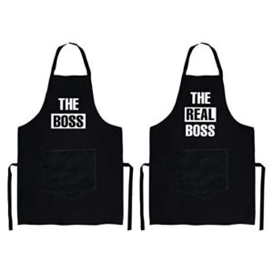 Aprons for Couple | 2-piece Kitchen Apron Set | Engagement / Bridal Shower Gift for Bride Groom | Valentines Day Gift for Him Her | The Boss And The Real Boss with Pockets – Black