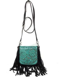 Western Genuine Leather Cowgirl Crossbody Messenger Fringe Laser Cut Purse Bag in 5 colors (Turquoise/Black)