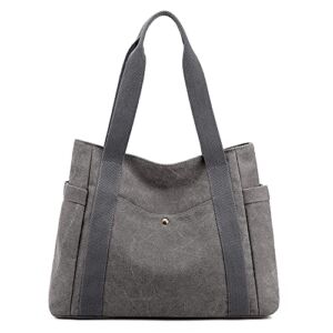 Women’s Canvas Tote Handbags Multi-pocket Retro Casual Shoulder Bag Top Handle Satchel Tote Purse Gray