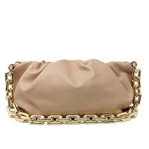 Prime Original Women’s Chain Pouch Bag | Cloud-Shaped Dumpling Clutch Purse | Ruched Chain Shoulder Handbag (Beige)