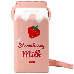 QiMing Strawberry Milk Box CrossBody Purse Bag,PU Phone Shoulder Wallet for Women Girl