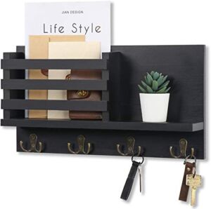 Mail Holder for Wall – Rustic Mail Organizer with Key Hooks for Hallway Kitchen Farmhouse Decor – Letter Sorter Made of Paulownia Wood with Floating Shelf, (16.5” x 9.1” x 3.4”)