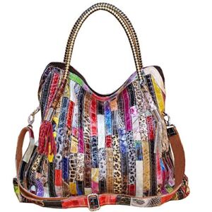 RainboSee Women OverSize Random Multicolor Purse Handbag Large Capacity Satchel Tote PU Leather Stiching Top Handle Shoulder Bag