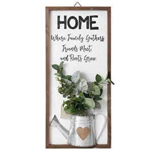 TERESA’S COLLECTIONS Farmhouse Home Sign, Wooden Rustic Wall Decor, Vertical Family Wall Art Decor, Gather Sign with Artificial Eucalyptus for Dining Room, Entryway, Kitchen, Christmas, 21 x 10 inch