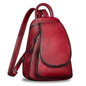 Genuine Leather Backpack for Women Vintage Handmade Casual Knapsack Small Rucksack Satchel (Red)