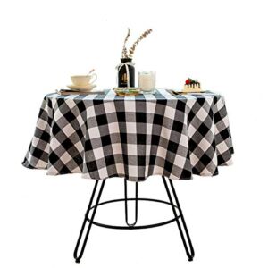 Buffalo Plaid Round Tablecloth Checkered Cotton Linen Table Cover for Kitchen Dining Room Home Decor ( Round – 48 Inch, White & Black )