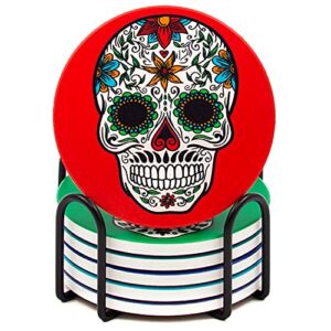 Jil-eNova 6pcs Sugar Skull Coaster Set with Metal Holder, Dia de Los Muertos Decor, Day of The Dead Coaster, Cool Coaster for Drinks, Coster Set, Absorbing Stone That Prevent Furniture Damage