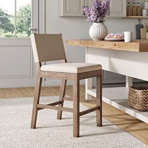 Linus Modern Upholstered Counter Height Bar Stool with Back and Solid Rubberwood Legs in a Wire-Brushed Grey Finish, Natural Flax/Brown