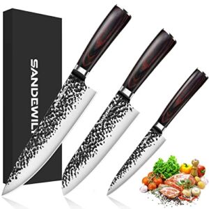 SANDEWILY Professional Chef Knife Set Ultra Sharp Kithen Knives 3PCS High Carbon Stainless Steel Japanese Knife Set with Sheath,Full Tang Ergonomic Handle Knives Set for Kitchen with Gift Box