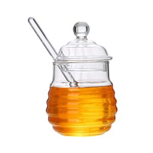 Nicything 300ml Glass Honey Pot with Stirring Rod, Durable Transparent Glass Honey Storage Jar for Storing Honey and Syrup, Glass Honey Jar for Home Kitchen, Easy to Clean