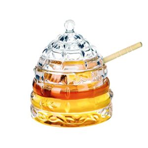 1500 C Tabletop Bee-hive Glass Honey Jars with Dipper and Lid 10 oz. Crystal Clear Heavy Glass Honey Pot Honey Containers Holder for Jam Jelly Syrup Home& Kitchen